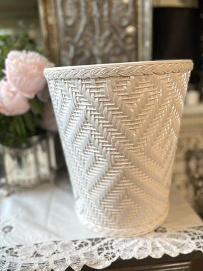 Vintage woven white wicker waste basket Athena trash bin